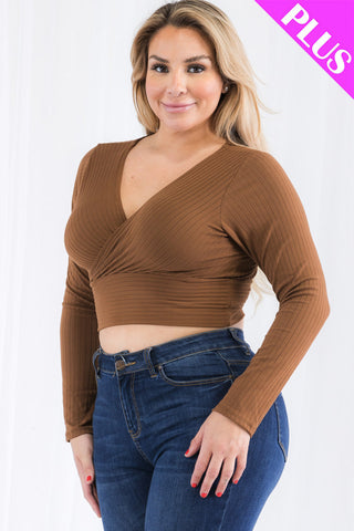 Plus Size Ribbed Wrap Front Long Sleeve Top