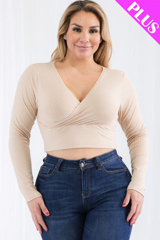 Plus Size Ribbed Wrap Front Long Sleeve Top