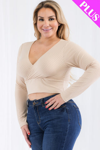 Plus Size Ribbed Wrap Front Long Sleeve Top