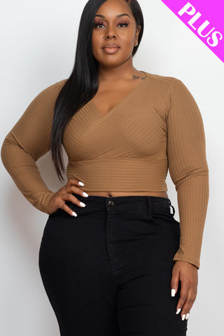 Plus Size Ribbed Wrap Front Long Sleeve Top