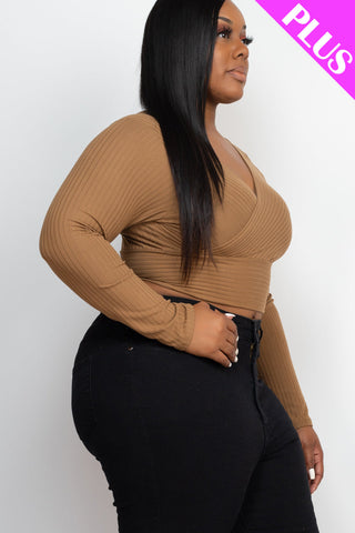 Plus Size Ribbed Wrap Front Long Sleeve Top