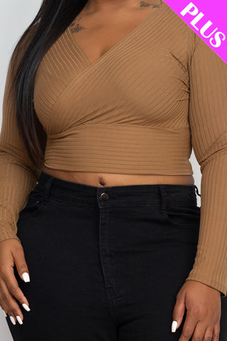 Plus Size Ribbed Wrap Front Long Sleeve Top