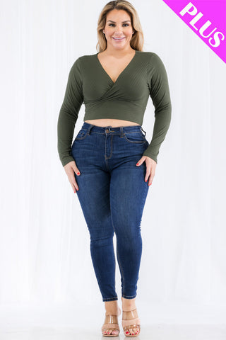 Plus Size Ribbed Wrap Front Long Sleeve Top