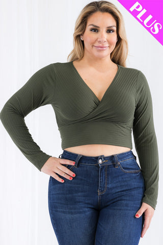 Plus Size Ribbed Wrap Front Long Sleeve Top