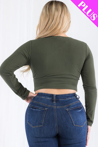 Plus Size Ribbed Wrap Front Long Sleeve Top