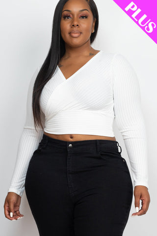 Plus Size Ribbed Wrap Front Long Sleeve Top