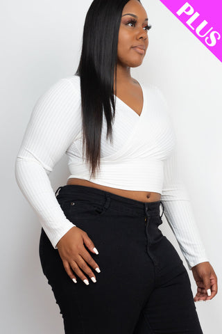 Plus Size Ribbed Wrap Front Long Sleeve Top