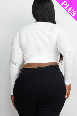 Plus Size Ribbed Wrap Front Long Sleeve Top