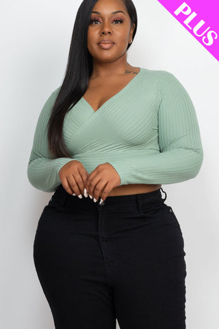 Plus Size Ribbed Wrap Front Long Sleeve Top