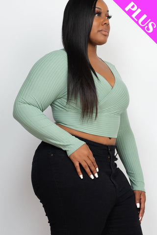 Plus Size Ribbed Wrap Front Long Sleeve Top