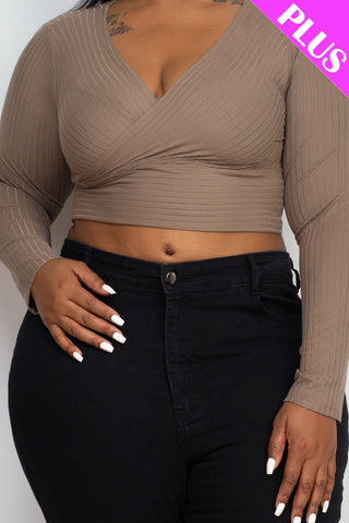 Plus Size Ribbed Wrap Front Long Sleeve Top