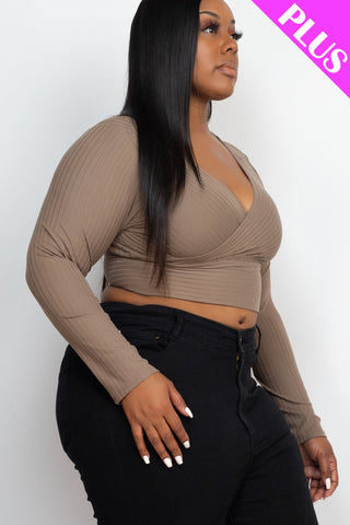 Plus Size Ribbed Wrap Front Long Sleeve Top