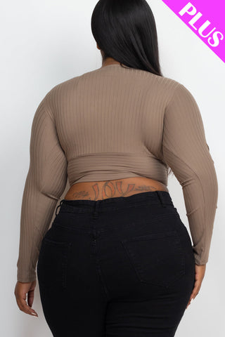 Plus Size Ribbed Wrap Front Long Sleeve Top