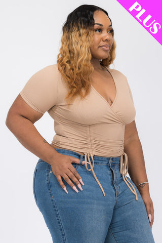 Plus Size Ribbed Ruched Drawstring Surplice Top