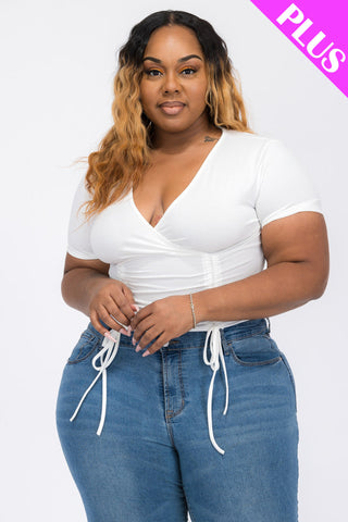 Plus Size Ribbed Ruched Drawstring Surplice Top