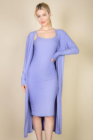 Ribbed Cardigan & Cami Midi Bodycon Dress