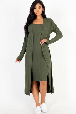 Ribbed Cardigan & Cami Midi Bodycon Dress