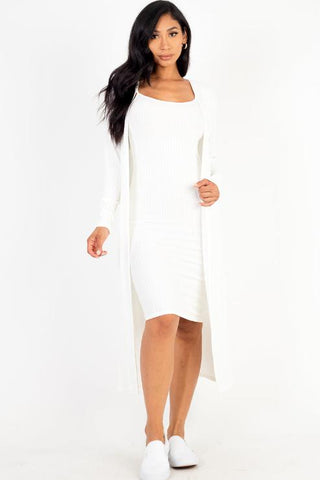 Ribbed Cardigan & Cami Midi Bodycon Dress