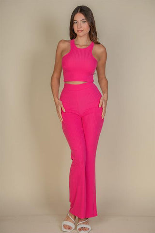 Ribbed Cropped Top and Bootcut Pants Sets