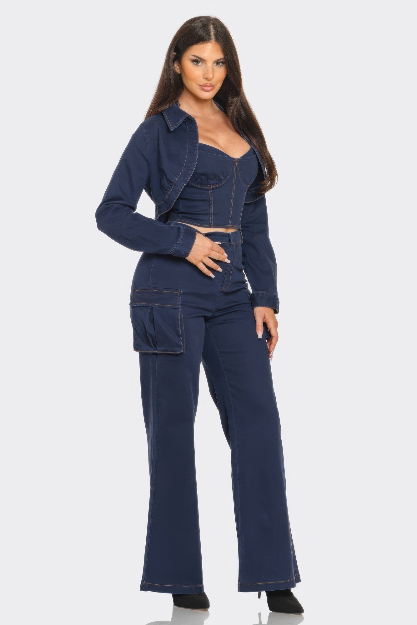 Woman wearing the Style Me Crop Jacket 3 Piece Set in navy, featuring a flattering crop jacket, top, and matching bottoms for stylish comfort.