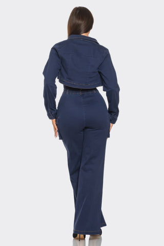 Navy Style Me Crop Jacket 3 Piece Set showcasing tailored fit and trendy design from rear view, perfect for stylish comfort