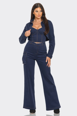 Woman wearing Style Me Crop Jacket 3 Piece Set in navy, featuring a stylish crop jacket, top, and matching bottoms for a trendy look.