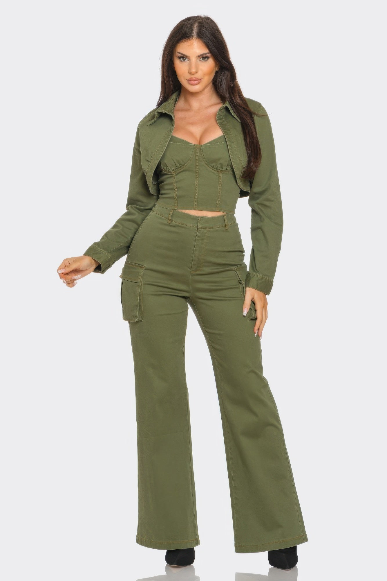 Woman wearing olive Style Me Crop Jacket 3 Piece Set with fitted jacket, top, and pants, designed for comfort and style.