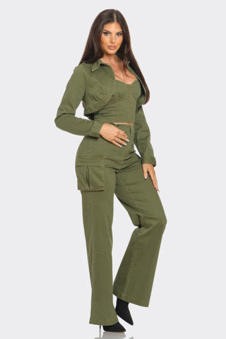 Olive Style Me Crop Jacket 3 Piece Set with top and matching bottoms, flattering fit, breathable fabric, fashion-forward design