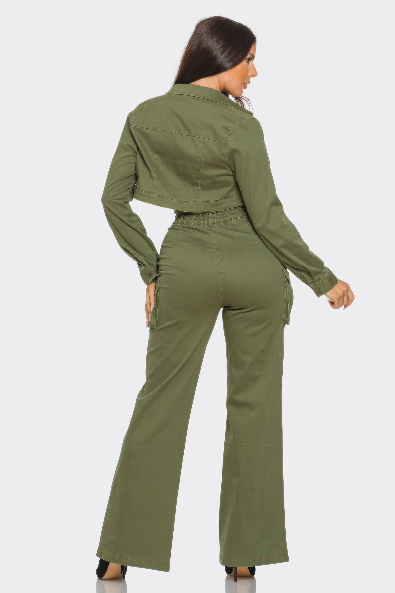 Olive Style Me Crop Jacket 3 Piece Set, featuring a stylish crop jacket and matching pants, crafted from a soft cotton blend fabric.