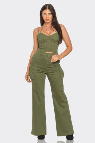 Olive green crop jacket 3 piece set with top and bottoms, designed for style and comfort, flattering fit in breathable fabric.