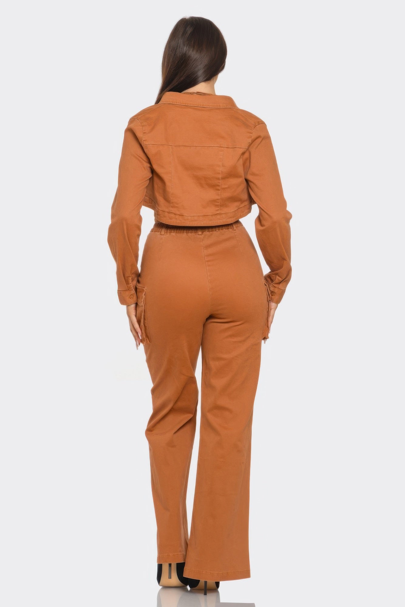 Woman wearing brown Style Me Crop Jacket 3 Piece Set showcasing stylish rear view with flattering fit and comfort.