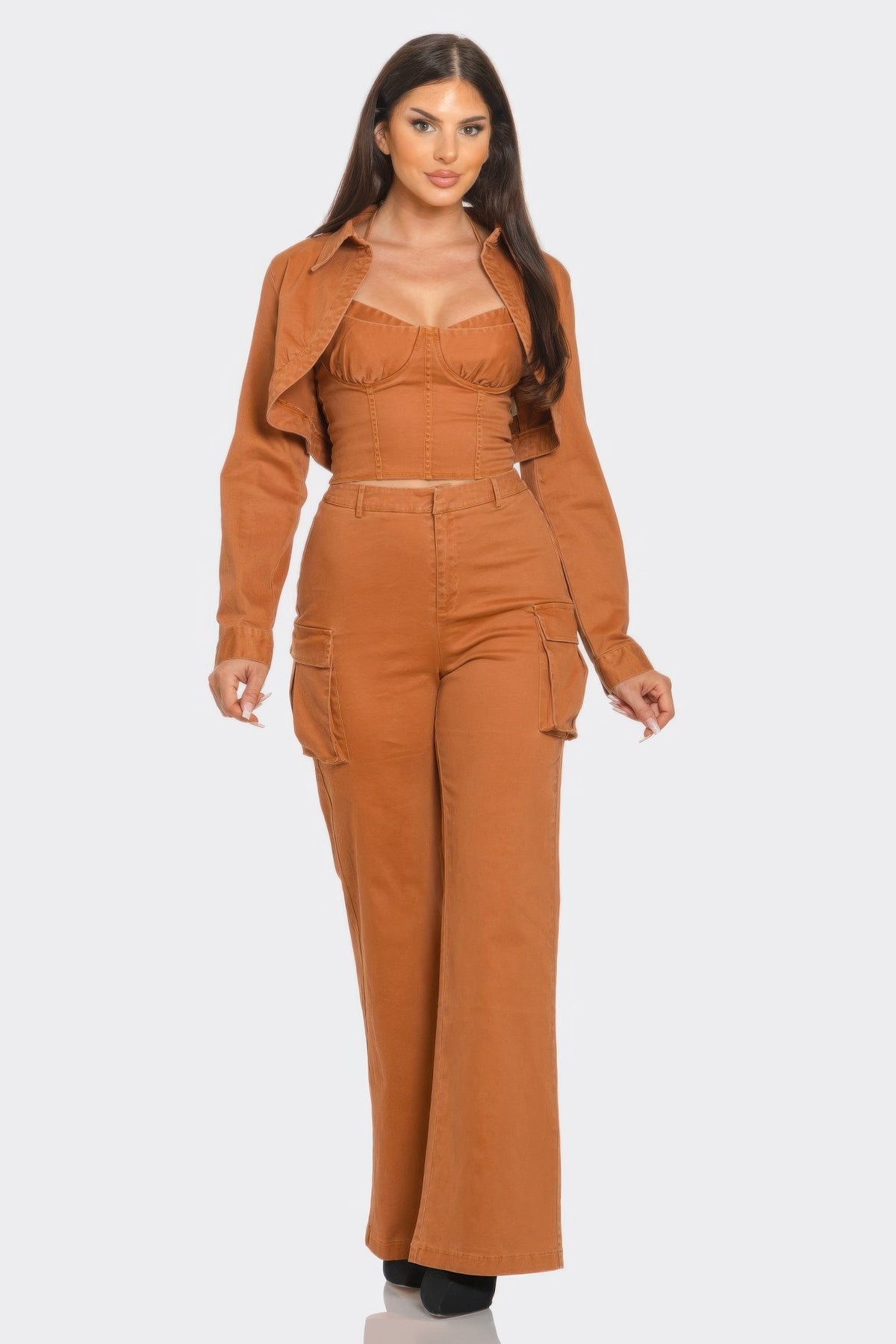 Stylish brown crop jacket 3-piece set with flattering fit, blending comfort and flexibility. Perfect blend of cotton, polyester, and spandex.