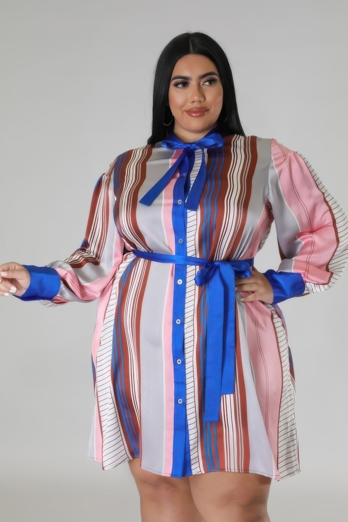 Curvy long sleeves non-stretch dress in multicolor stripes with blue accents, ideal for style and comfort in 1XL to 3XL sizes.