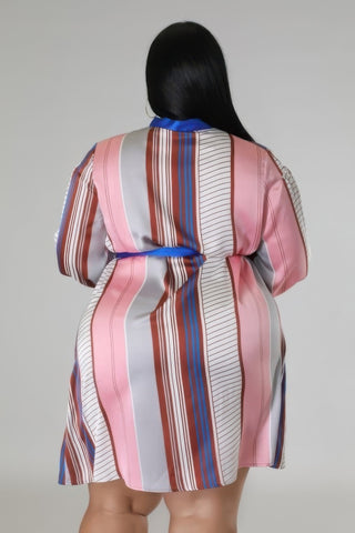 Curvy long sleeves non-stretch dress in colorful stripes, polyester fabric, back view, plus size fashion, elegant and structured fit.