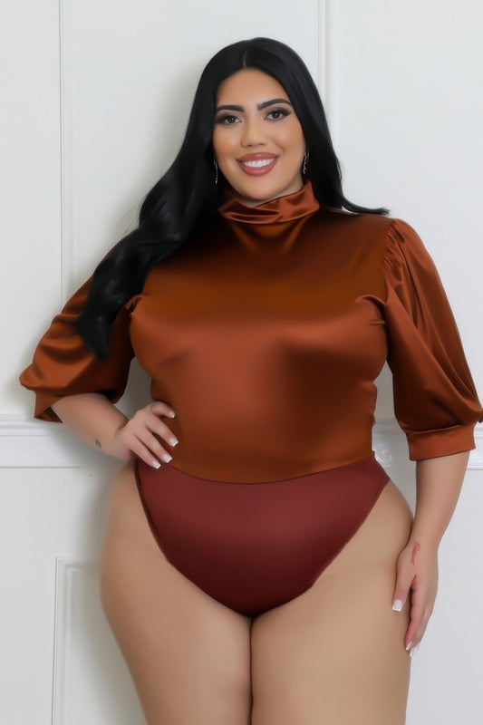 Mocha semi-stretch bodysuit with round neckline, satin finish, and short sleeves in 1XL-3XL, designed to accentuate curves.