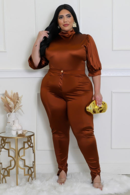 Woman in mocha satin two-piece bodysuit with high-waisted pants, showing elegance and style in semi-stretch fabric.