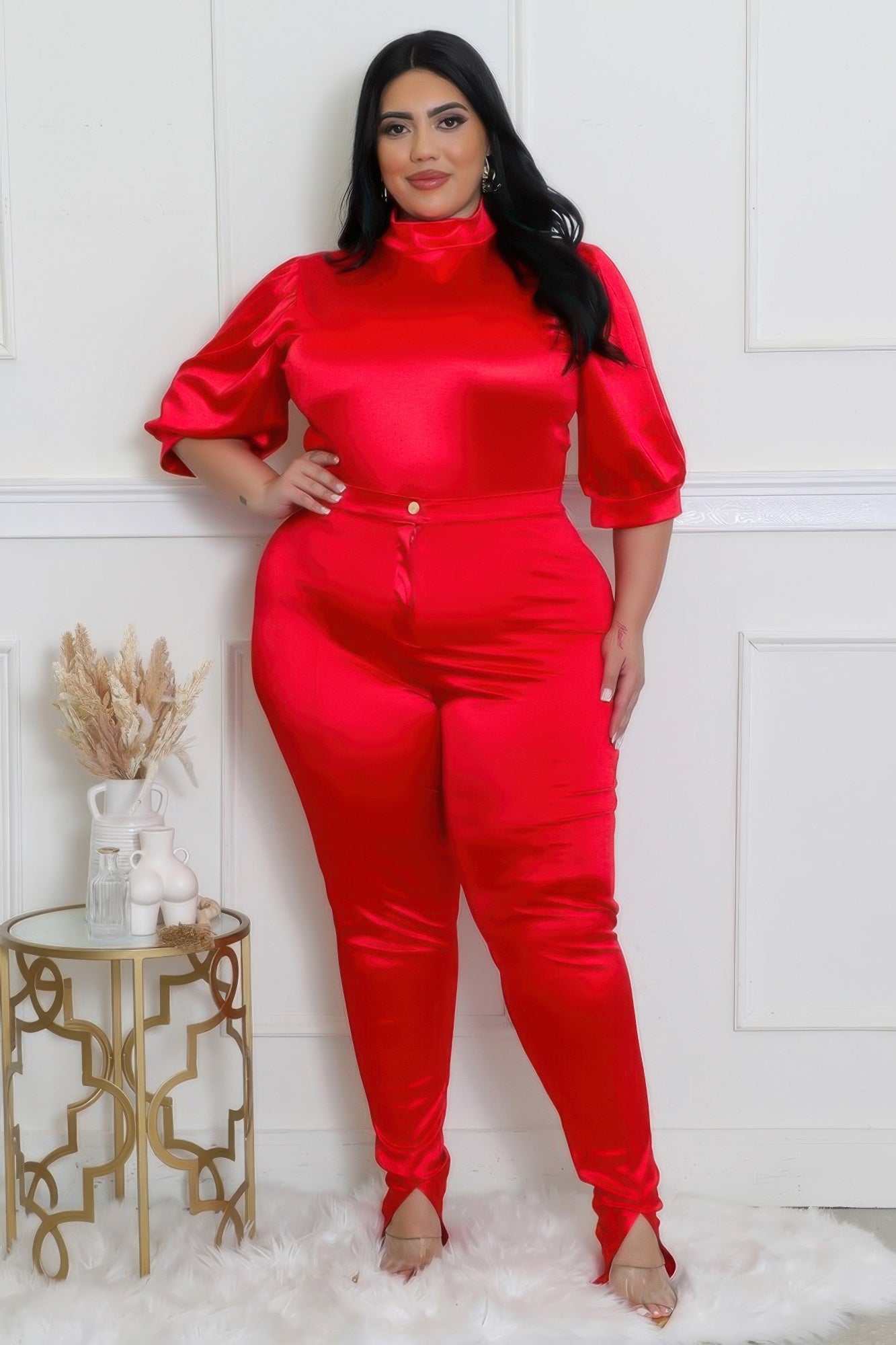 Red satin sexy curvy two-piece bodysuit with high-waisted pants, round neckline, and short sleeves, perfect for plus-size fashion.