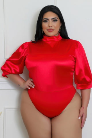 Red satin semi-stretch bodysuit with round neckline, short sleeves, and luxurious finish, for curvy figures in 1XL to 3XL sizes.