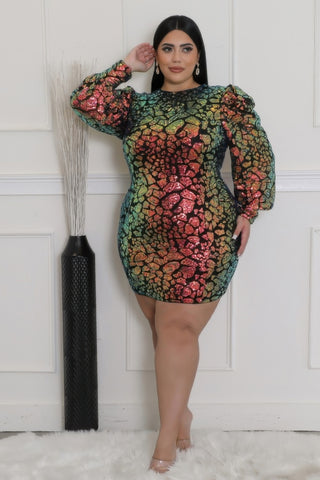 Multicolor sequin dress with round neckline and long sleeves, flattering fit, plus size 1XL-3XL, perfect for a dazzling touch.