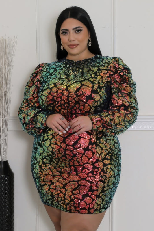 Multicolor sequin dress with round neckline and long sleeves, perfect for plus-size fashion.