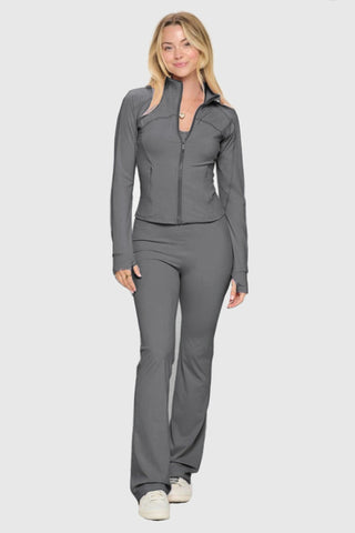 Premium Yoga Jacket and Jumpsuit Set in gray; full-zip, fitted jacket with thumbholes and flare-bottom pants, perfect for yoga and casual wear.