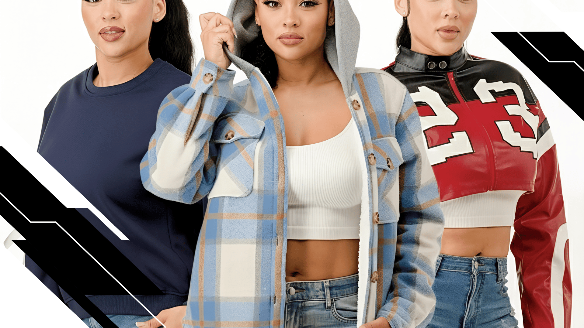 Three women modeling different casual outfits against a white background - one in a navy crewneck sweatshirt with denim shorts, another in a blue plaid hooded shirt layered over a white crop top with jeans, and the third in a red and white geometric print zip-up jacket with denim shorts