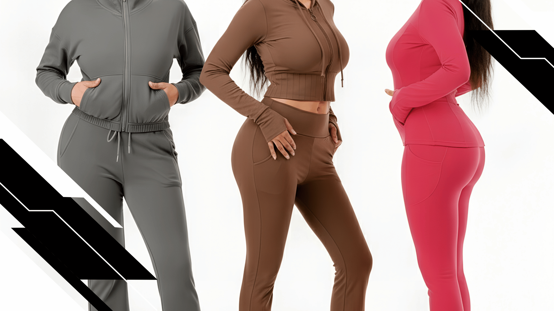 Three women showcasing matching tracksuit sets in different colors - gray, brown, and coral pink - each featuring zip-up jackets and coordinating pants, styled with white sneakers against a clean white background