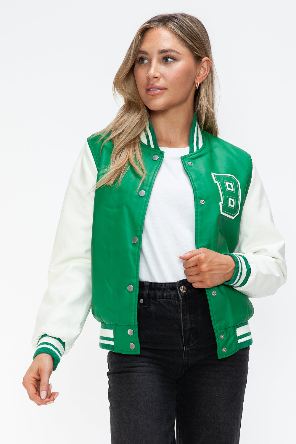 Green Milk PU Leather Contrast Snap Down Bomber Jacket