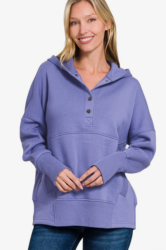 Zenana long sleeve purple hoodie with half snap closure and kangaroo pocket, featuring a ribbed and slightly stretchy design.