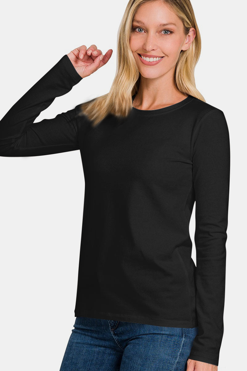 Black full size round neck long sleeve T-shirt in cotton-spandex blend, modeled with a casual outfit.