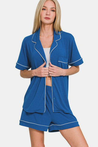 Classic blue button-down short sleeve lounge set with shorts, featuring a basic style, buttons, and pocket detail.