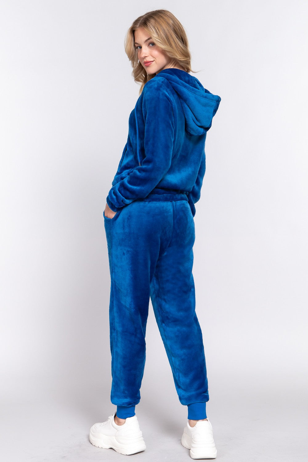 Active Basic Faux Fur Women's Zip Up Hoodie & Joggers Set Deep Blue