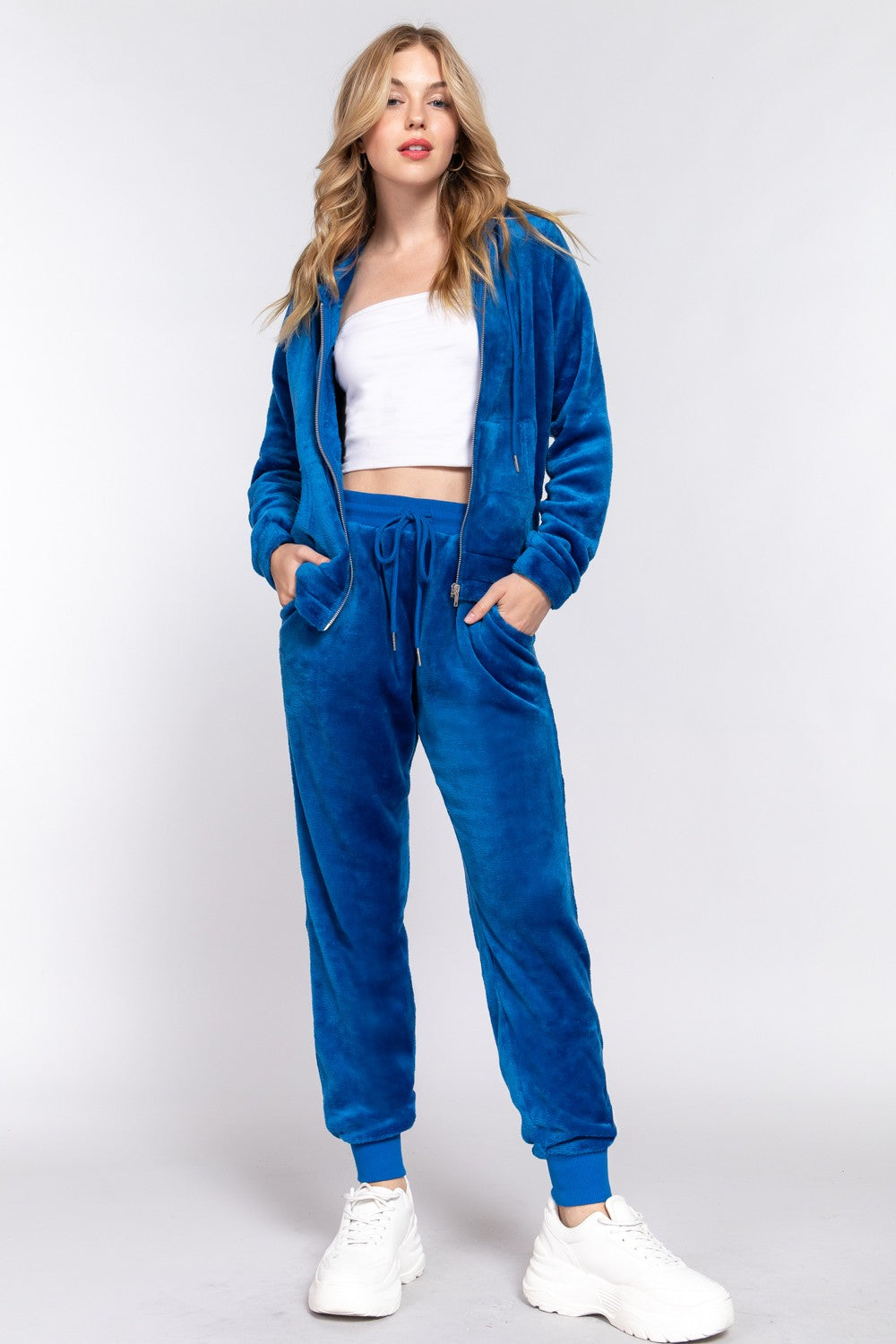 Active Basic Faux Fur Women's Zip Up Hoodie & Joggers Set Deep Blue