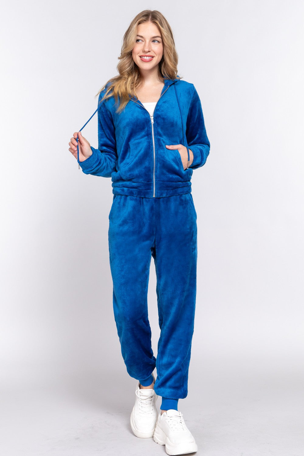 Active Basic Faux Fur Women's Zip Up Hoodie & Joggers Set Deep Blue